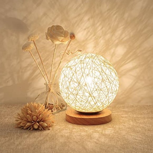 Bohemian Other - Boho Rattan Ball Round Wood Bedside Lamp Minimal